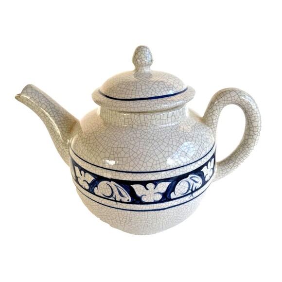 DEDHAM POTTERY The Potting Shed Rabbit Teapot Hand Painted Blue USA Vintage - Picture 2 of 7